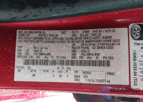 2011 Ford Fiesta Sel z USA, uszkodzony, nr VIN 3FADP4CJ1BM224019